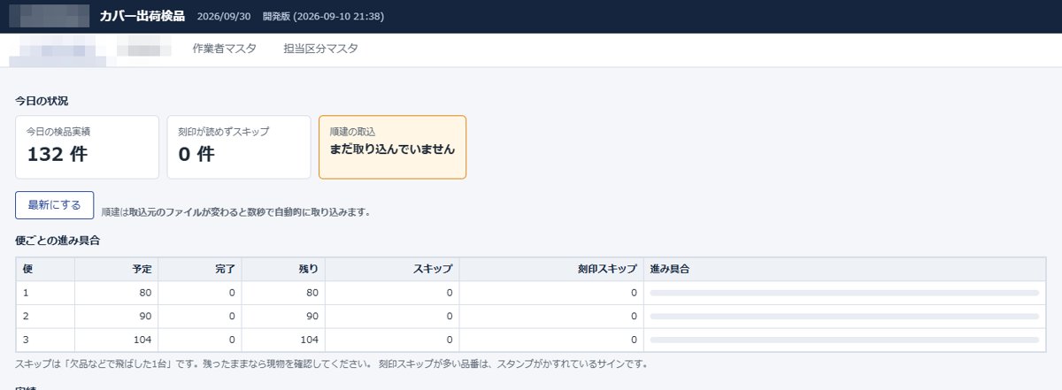 事務所のPC：便ごとの進み具合と検品実績